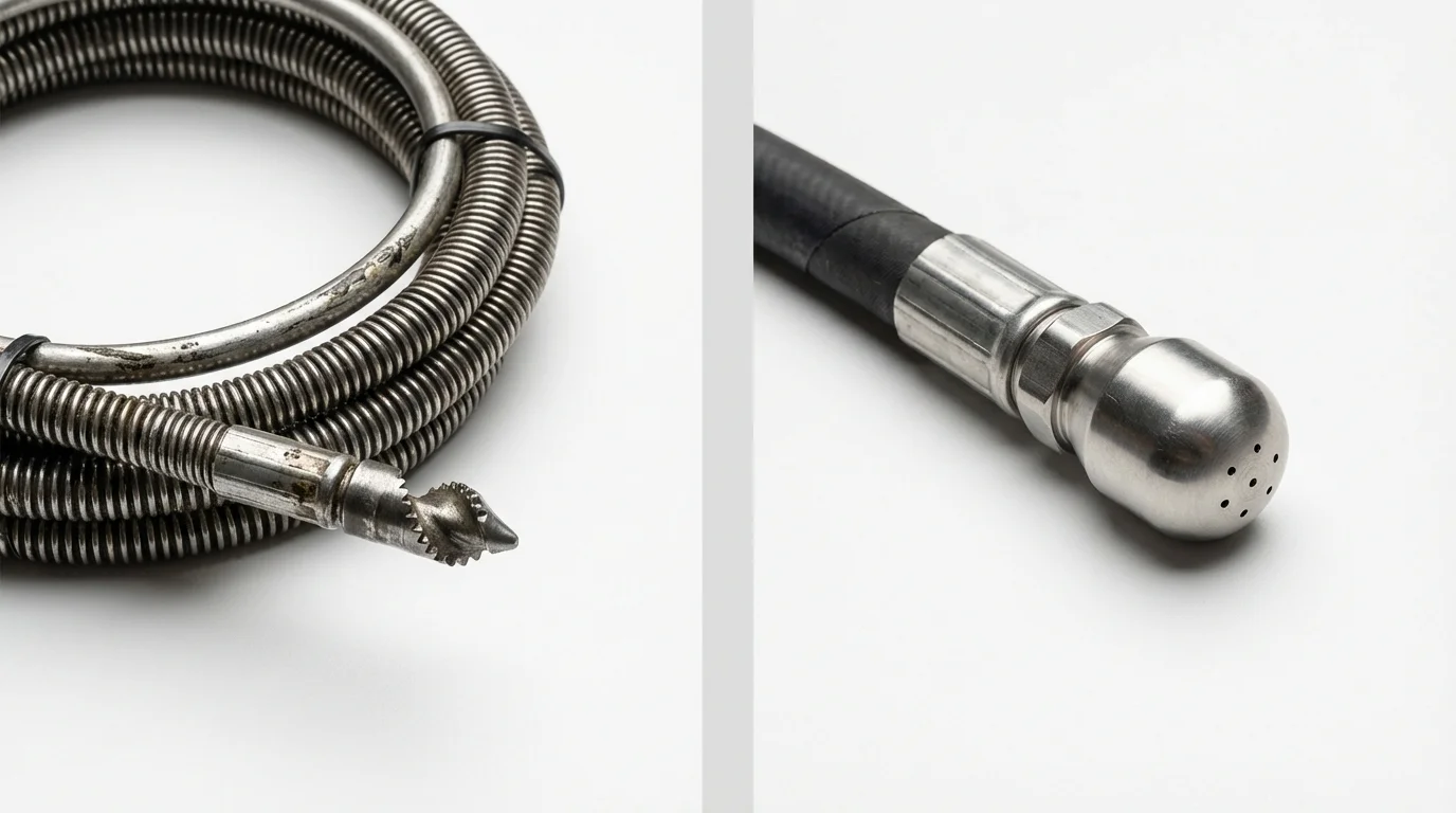 Drain snake cable and hydro jetting nozzle used for drain cleaning in Danbury, TX