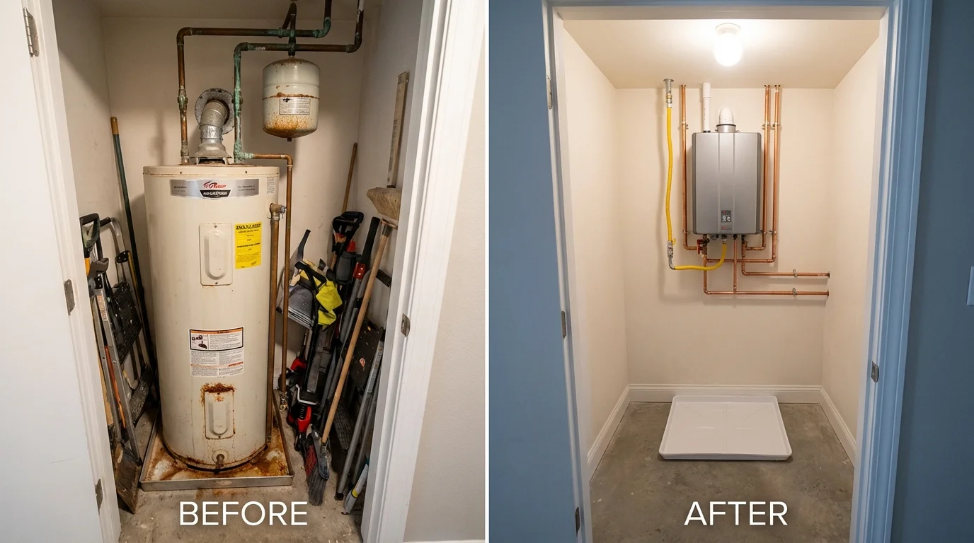 Tank water heater versus wall-mounted tankless unit comparison for Danbury, TX homeowners