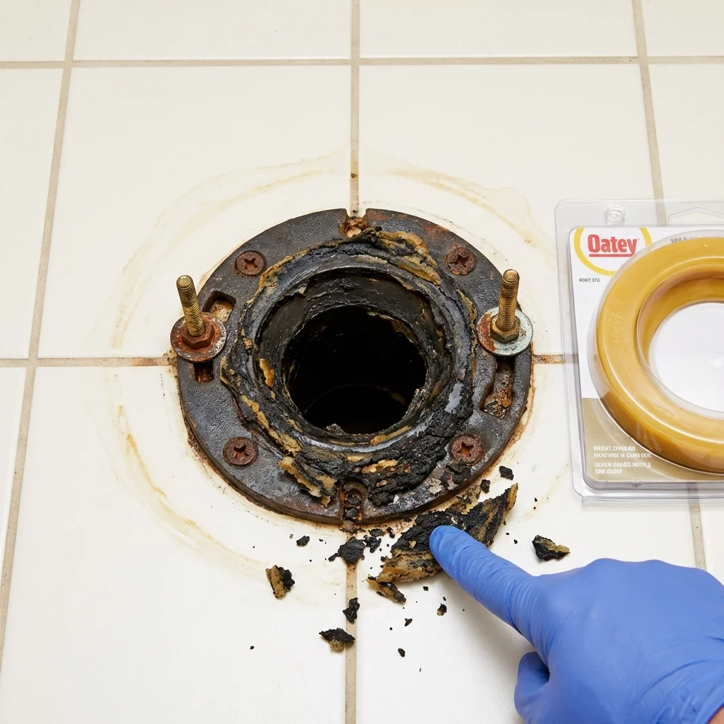 Failed wax ring showing water seepage at the base of a toilet in a Danbury, TX home