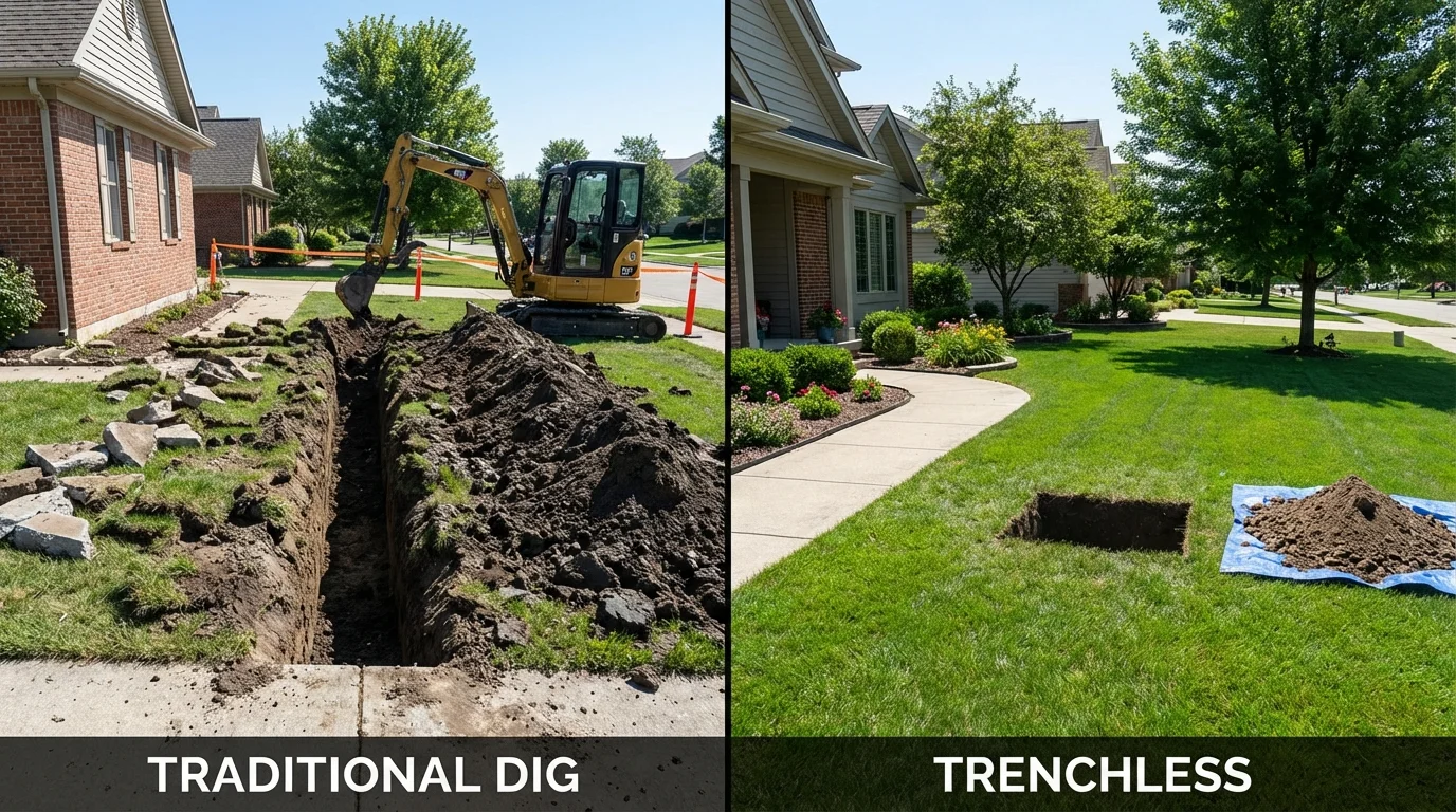 Trenchless sewer repair with minimal yard damage versus traditional excavation in Danbury, TX