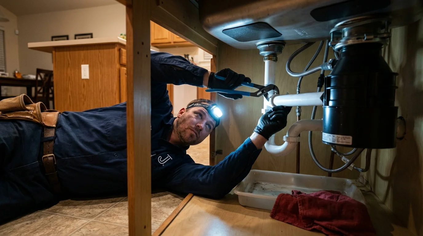 P-trap and supply line connections under a kitchen sink showing a common leak point in Danbury, TX